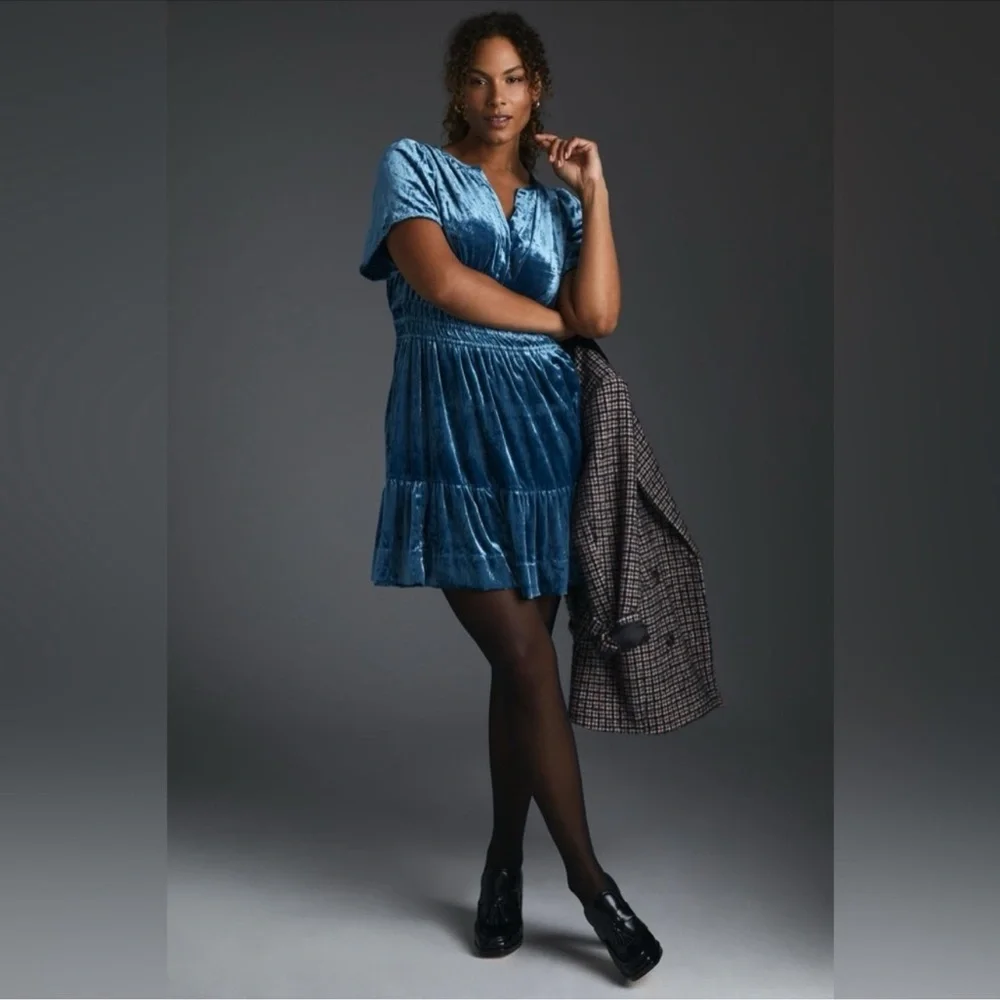 Anthropologie Somerset Blue Velvet Dress - Picture 2 of 9